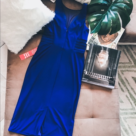 Bodycon midi mesh panel blue dress - Picture 3 of 4